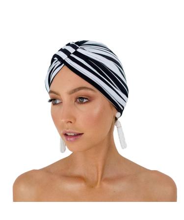 LOUVELLE Stylish AMELIE Luxury Shower Cap Turban Style Reusable with 100% Waterproof Lining and Quick Dry Fabric (monochrome stripe)