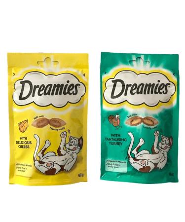 Dreamies Cat Treats Bundle - 2 Flavours - Tantalising Turkey and Delicious Cheese 60g (one of each)
