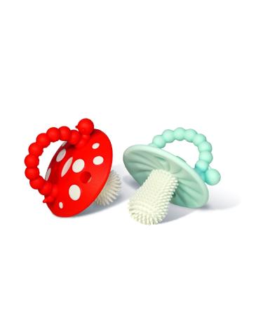 Razbaby Chompy bite ring for infants and babies 3 months + bite ring toys with massage bristles to relieve the teething pacifier-calms painful gums BPA-free red/blue