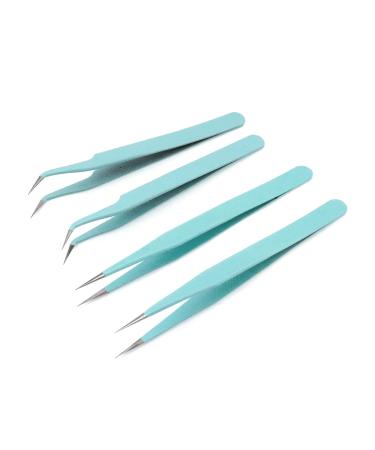 Coshar 4pcs Eyelash Extension Tweezers- 2pcs Straight and 2pcs Curved Tip Lash Tweezers Versatile Tools for Picking up Small Items- Blue