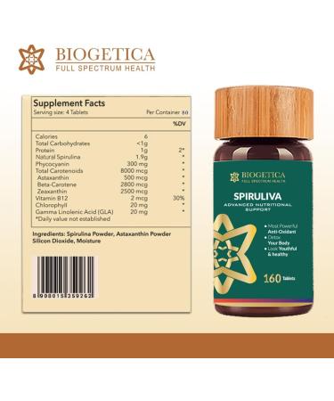 Biogetica Organic Spiruliva Pills with Astaxanthin - Non-GMO, Rich in Vegan Protein, Vitamins & Prebiotics - 100% Vegan Ayurveda Supplement - 160 Tablets - Buy Online on GoSupps.com
