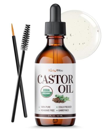 BodyJ4You Organic Castor Oil - Pure 100% USDA Certified Cold Pressed - Natural Hair Growth Eyelashes Eyebrows - Rich Hydration Healthy Skin Moisturizer Lash Serum Brow - 2 Fl Oz