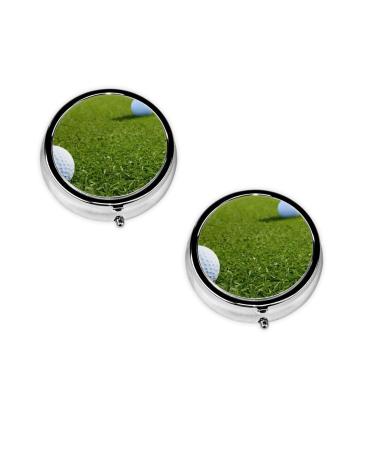(Grass Baseball Softball) Round Pill Box 3 Compartment Pill Box Mini Decorative Pocket Purse Portable Travel Medicine Tablet Vitamin Holder Organizer Pill Case Black