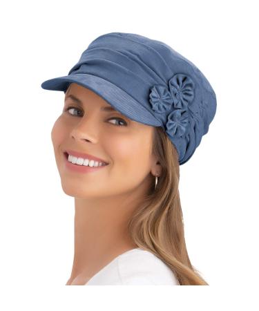 Collections Etc Stylish and Comfortable Side Embellished Hat, Shirring Details, Flowers, Elastic Blue