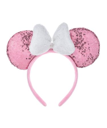 A Miaow 3D Black Mouse Sequin Ears Headband MM Glitter Butterfly Hair Clasp Park Supply Adults Women Photo Accessory (Pink and White)