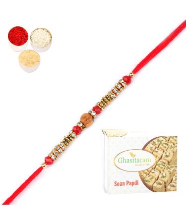 Ghasitaram Gifts Rakhi for Brother Rakhis Online - 6968 Fancy Thread Rakhi with 400 GMS of Soan Papdi
