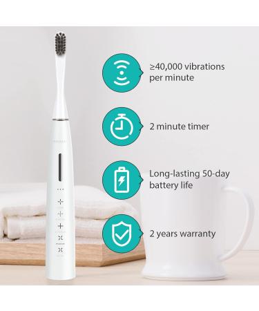 Pessido Sonic Electric Toothbrush - Rechargeable for Adults & Kids | 5 Modes & Timer | 2 Soft Brush Heads & Travel Case | White - Buy Online on GoSupps.com