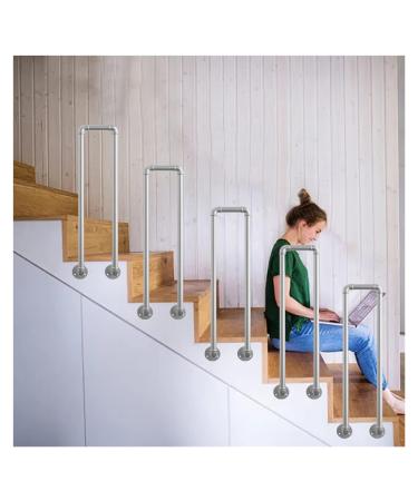 Stair Railing for Steps Side Walls 5 Piece Galvanized Tube Auxiliary Banister Handrail for Villas/Corridor/Front Porch)/Silver/High-80Cm) Silver High60Cm(23.6")