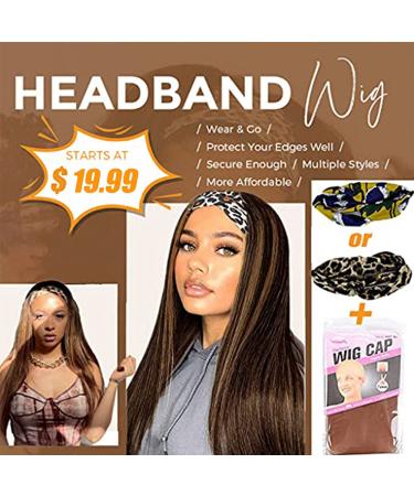 22 Inch Black/Brown Headband Wig for Women - Premium Synthetic Straight Wig with Headbands & Wig Caps - Natural Glueless None Lace Front - Long and Stylish - Buy Online on GoSupps.com