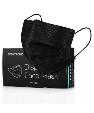 Eventronic Black Face Mask Disposable, Elastic Ear Loops, 3 Layers Face Health for Adult, men & women (50Pcs)