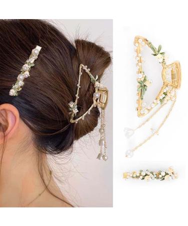 Bohend flower leaf hair clamp pearls thick hair clip wedding macrame head clips strong big hair styling accessories for women girls (2)