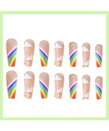 RUNRAYAY Rainbow French Long Fake Nail Press on False Nails with Charms - 24Pcs - Buy Online on GoSupps.com