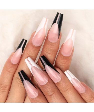 24 Pieces Glossy Black & White Ballerina Press-On Nails | Full Cover Nail Tips for Women & Girls | Nail Art Decoration - Buy Online on GoSupps.com