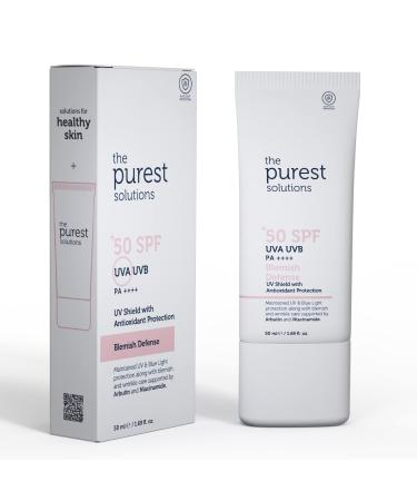 The Purest Solutions Blemish Defense (UV Shield with Antioxidant Protection SPF 50+)   8h UVA Protection  Arbutin & Niacinamide for Skin Tone Harmonization and Moisturizers - Blemished Skin Type - Vegan | Cruelty Free | ...