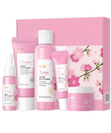Sakura 5 in 1 Skin Care Set with Cleanser, Toner, Face Serum, Face Cream and Eye Cream, Skin Care Products for Teen Girls, Skin Care Set
