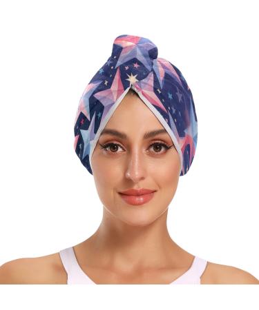 Stars 1 Hair Towel 2 Pack Super Absorbent Hair Drying Towel Quick Dry Hair Turbans Head Towel with Button Twisty Wrap for Women Girls