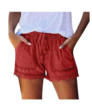 Gufesf Denim Shorts for Women Summer Casual Short Pants High Waisted Jean Shorts Stretch Jean Shorts Womens High Waisted B1-red Large