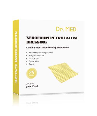 Dr.Med Xeroform Petrolatum Dressing Patch, 4"x4"-25 Pcs/Box, Non-Adherent Gauze Dressings, for Minor or Partial Thickness Burns, Lacerations, Skin Graft Recipient Sites, Newly Sutured Wounds 4"x4" (25 Pcs/Box)