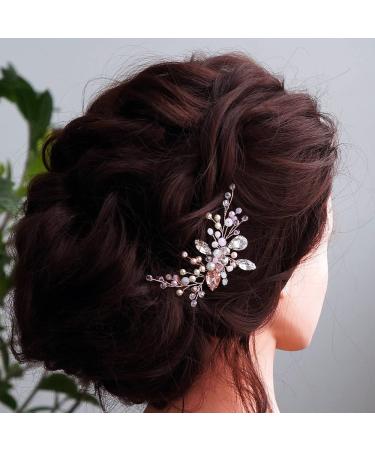 Teyglen Dainty Pink Crystal Rhinestones Bride Wedding Hair Comb Bridal Rose Gold Pearl Beads Side Hair Combs Simple Headpieces Hair Accessories for Women Bride Girls