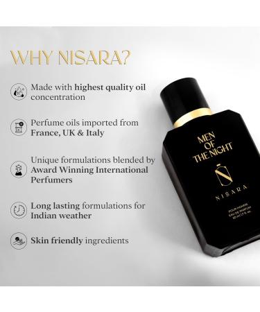 Nisara Men of the Night Perfume for Men - 50 ml | Long Lasting Eau De Parfum | Premium Perfume | Citrus-Chypre-Musky Fragrance | With Bergamot Lemon Orange Amber Wood Leather| EDP Scent for men - Buy Online on GoSupps.com