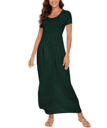 YUNDAI Womens Maxi Dress Summer Maternity Casual Short Sleeve Floral Loose Long Dresses Plus Size Ladies Dress with Pocket 03-Short Sleeve XL B02 Dark Green