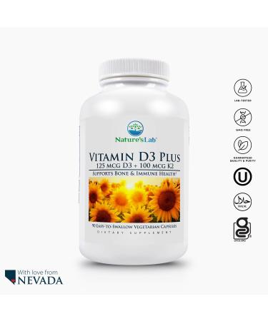 Nature's Lab Vitamin D3 Plus - Immune Support & Healthy Bones with D3, K2 (MK7) - 90 Capsules - Gluten Free & Non GMO - Buy Online on GoSupps.com