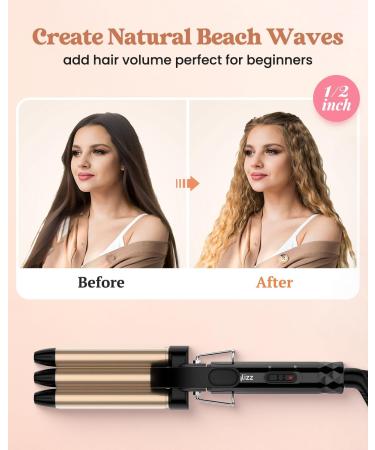 Mini Hair Crimper - 1/2 Inch Beach Waves for Short Hair | Small 3 Barrel Curling Iron for Travel | Ceramic Dual Voltage Hair Waver - Lightweight & Gold - Buy Online on GoSupps.com