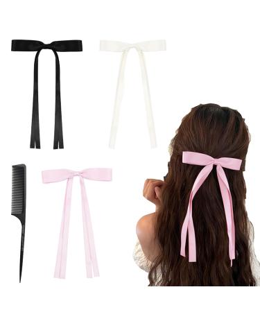 Bow Hair Clips with Long Tail Silky Satin Hair Bows Ponytail Holder Accessories Hair Barrette Hair Ribbon for Girls for weddings parties festivals (Black white pink)