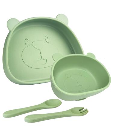 Qshare Suction Baby Plate and Bowl Set with Fork Spoon Silicone Baby Led Weaning Supplies for Toddler Self Feeding BPA Free Silicone Feeding Set for Babies Toddlers Kids Bears-green
