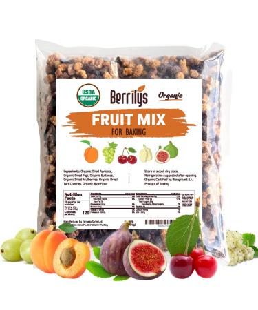 Berrilys Dried Fruit Mix, 2 Lbs, Organic, Diced Figs, Diced Apricots, White Mulberries, Sultanas, Sour Cherries, No Sugar Added, Trail Mix for Baking and Snacking