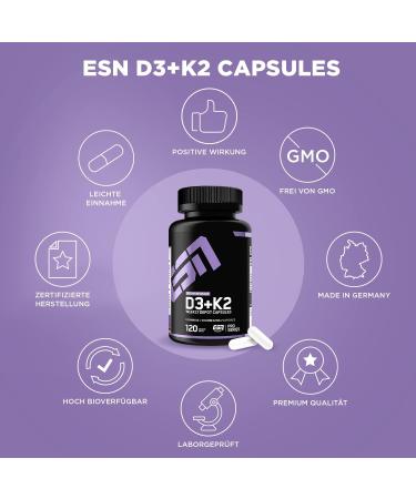Buy ESN Vitamin D3 + K2 Capsules - Immune Support Bone Health & Blood Production - Vegan & Quality Tested - Made in Germany (120 Capsules) - Buy Online on GoSupps.com