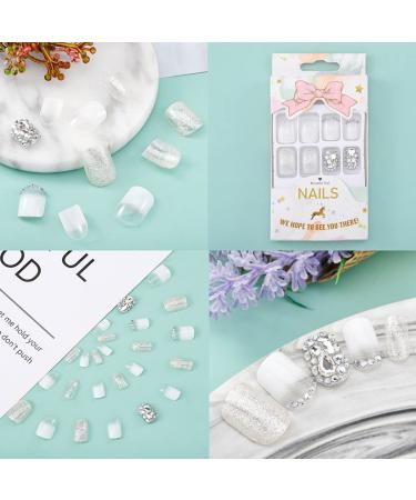 Sethexy White Glossy Squoval False Nails | 24ct Sparkle Rhinestone Acrylic Press-On Fingernails with Glue for Women & Girls - International Shipping Available - Buy Online on GoSupps.com
