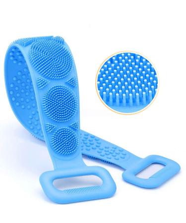 Silicone Bath Brush for Shower- Back Body Brush Scrubber  Shower Pull-tab Double-Sided Long Strip Silicone Bath Belt  Easy to Clean-Exfoliate  Blue