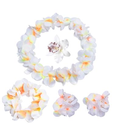 Hawaiian Leis Luau Tropical Headband Flower Crown Wreath Headpiece Wristbands Women Cute Floral Necklace Bracelets Hair Bands for Summer Beach Vacation Pool Party Decorations Favors Supplies White