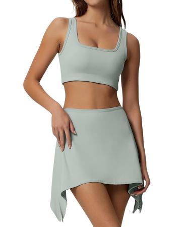 QINSEN Women's Two Pieces Active Dress Sports Bra Tank Top Built in Shorts Mini Skirt Active Dresses Small Light Green