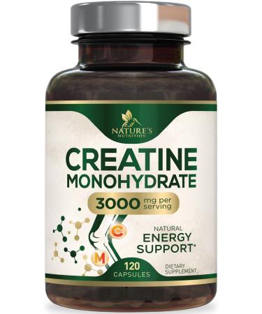 Creatine Monohydrate Capsules 3000mg Best Micronized Creatine Powder - Supports Lean Muscle Strength Energy & Endurance - Nature's Supplement Non-GMO Gluten Free for Women & Men - 120 Capsules 120 Count (Pack of 1)