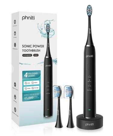 Electric Toothbrushes for Adults,PHNITI Whitening Toothbrush with 45,000 VPM ,4 Modes 2 Mins Timer Wireless Fast Charge & IPX7 Waterproof(Black)