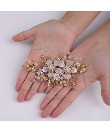 Chargances Bride Gold Flower Leaf Hair Comb Wedding Pearl Beaded Hair Side Comb Dainty Fashion Handmade Hair Accessories for Women Bridesmaid Girls - Buy Online on GoSupps.com