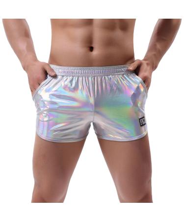 Duohropke men's shine metallic shorts hot pants leather optics boxer shorts trunks glitter beach swimming shorts sport gym jogger short trousers m silver