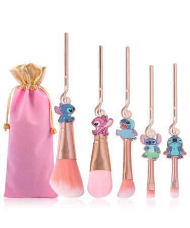 5 Pcs Stitch Makeup Brush Set Lilo and Stitch Gifts Cosmetic Brushes for Powder Eyeshadow Blushes Lips Portable Kawaii Makeup Brush Set Stitch Gifts for Girl Women Pink