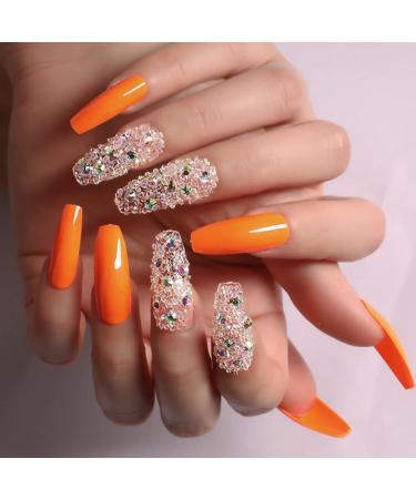 Sethexy sparkle long ballerina false nail coffin shiny bling false fingernails 24st acrylic art press nail tips for women and girls (orange)