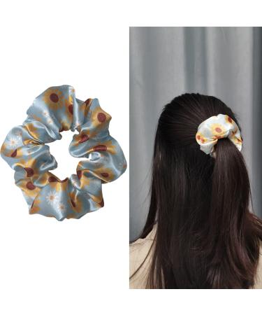Daisy Flower Blue Hair Scrunchies 2PCS - Women's Silk Hair Accessories & Ponytail Holder Bracelet - Buy Online on GoSupps.com