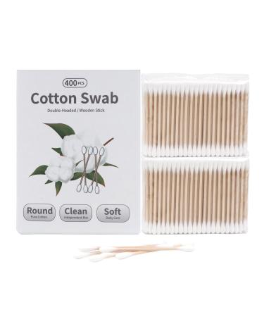 Meipo Cotton Swab for Ears Double Round Thick Cotton Tips with Strong Wooden Sticks for Makeup or Nails Natural Cotton Bud 3 inch One Small Box (1Pack 400 Count)