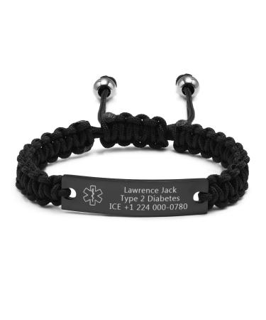 XUANPAI Medical Alert Bracelet for Women-Free Personalized Handmade Adjustable Braided Rope Bracelet for Mens/Medical ID Bracelet for Men Women/Medical ID Identification Bracelet black