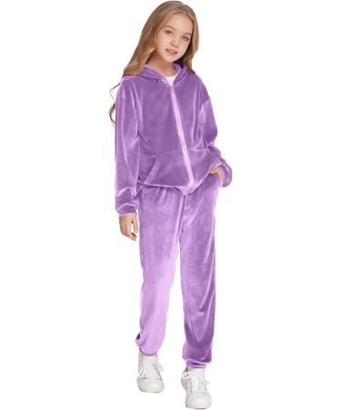 Hopeac Girls Velour Zip Up Hoodie Sweatsuit Set Lavender 13-14 Years - Buy Online on GoSupps.com