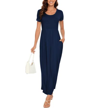 YUNDAI Women's Summer Maternity Maxi Dress with Pocket - Floral Loose Long Casual Dress | Plus Size Ladies Dress | Short Sleeve | Navy, Size M - Buy Online on GoSupps.com