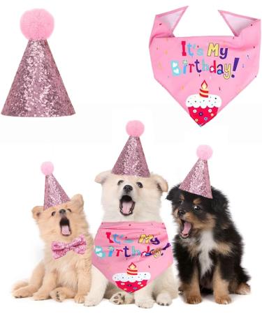 NITAIUN 4 Pcs Dog Birthday Hat Dog Birthday Party Bandana Puppy Dog Birthday Outfit with Bow Tie Collar and Number Dog Cat Costumes for Pet Birthday Decorations Party Decoration Set (Pink) - Buy Online on GoSupps.com