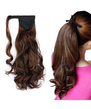 iLUU 18 Inch Long Curly Wavy Wrap Around Ponytail Hairpiece Dark Brown mix Auburn Color Magic Paste Synthetic Ponytail Hair Extension for Women Girls (100g 4A/30B Highlights Color) 4A/30B-dark brown/auburn