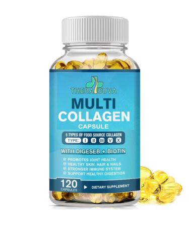 TheraSuva Multi-Collagen Complex + Biotin + Vitamin C Types I II III V & X Natural Supplement for Hair Skin Nails & Joint Support 2 Month Supply 120 Softgels