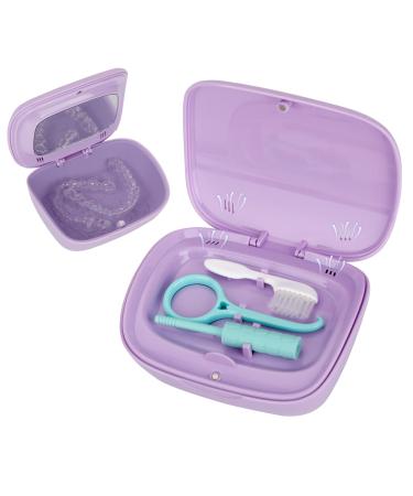 Denture Bath Box Cup With mirror Dental braces Kit Portable Retainer Case False Teeth Storage Box Holder With braces chewable tablets Braces removal tool and Cleaning brush(purple)